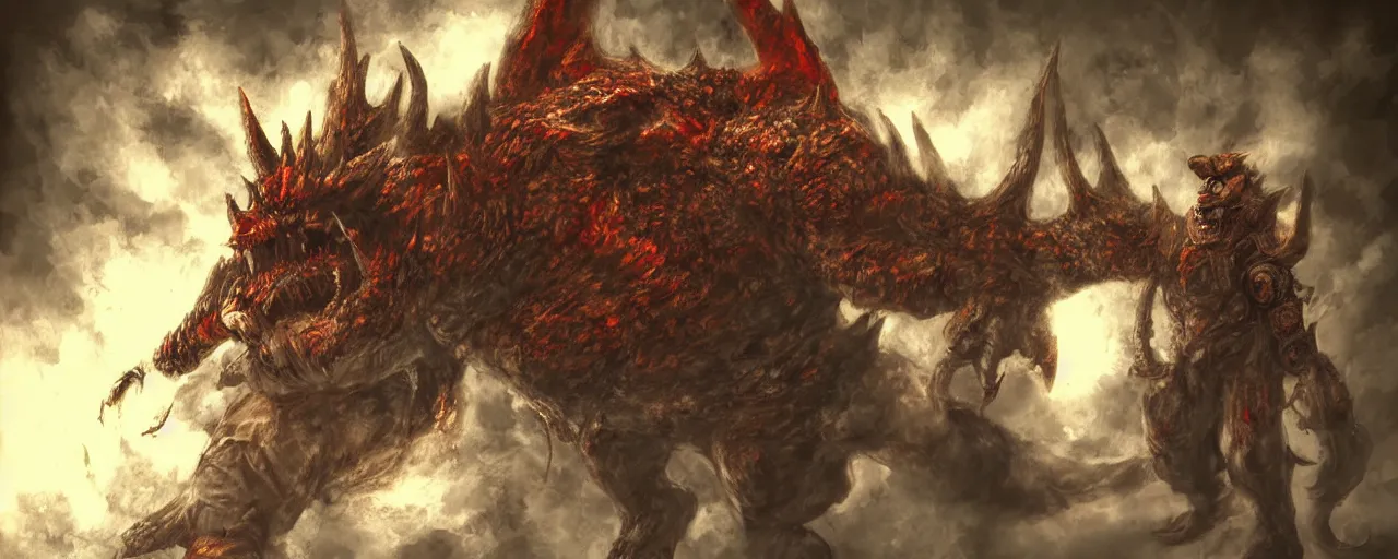 Image similar to concept art of bowser with huge horns and scales and talons, resident evil, horror, occult, terror, mist, volumetric render, digital painting, detailed painting