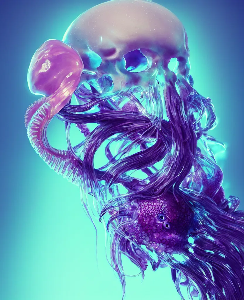 Image similar to goddess close-up portrait animal skull. jellyfish phoenix head, nautilus, orchid, skull, betta fish, bioluminiscent creatures, intricate artwork by Tooth Wu and wlop and beeple. octane render, trending on artstation, greg rutkowski very coherent symmetrical artwork. cinematic, hyper realism, high detail, octane render, 8k