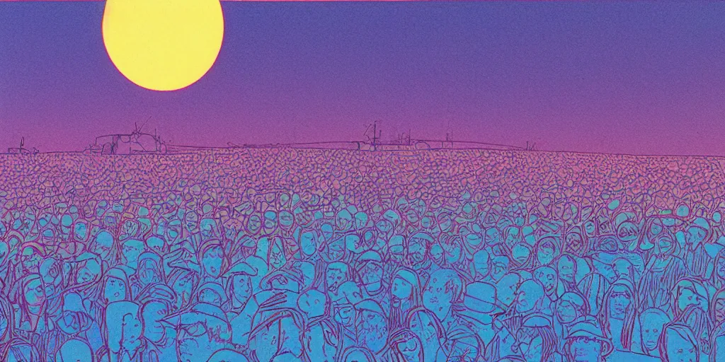 Image similar to risograph grainy painting of boards of canada, tomorrow harvest, i see drones, by moebius and dirk dzimirsky and satisho kon, blue hour, close - up wide portrait