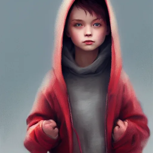 Image similar to a cute tiny girl with short red hair wearing a hoodie, digital art, very beautiful face, pretty face, very detailed eyes, full body illustration, 8 k resolution, soft painting, by greg rutkowski, wlop, rossdraws,