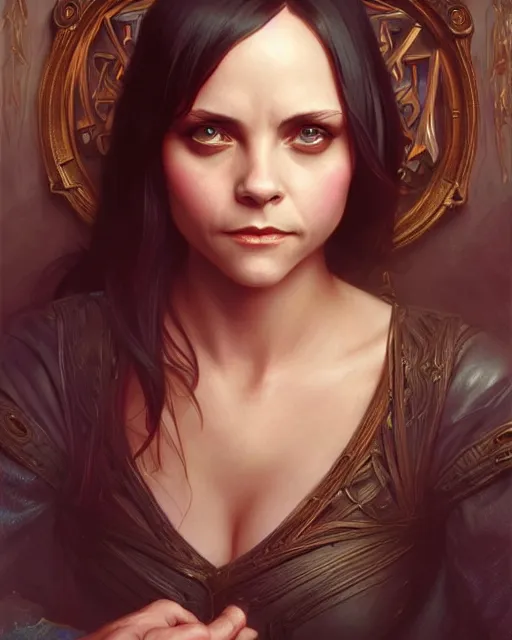 Prompt: Christina Ricci (2000), D&D, fantasy, intricate, elegant, highly detailed, digital painting, artstation, concept art, matte, sharp focus, illustration, hearthstone, art by Artgerm and Greg Rutkowski and Alphonse Mucha