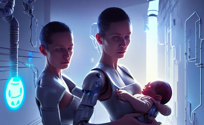 Prompt: a very realistic movie still of a cyborg woman holding a new born cyborg baby in a cyborg factory lab, highly detailed render by beeple, syd meade, starwars, space art concept, sci - fi, digital art, unreal engine, wlop, trending on artstation, 4 k uhd image, octane render