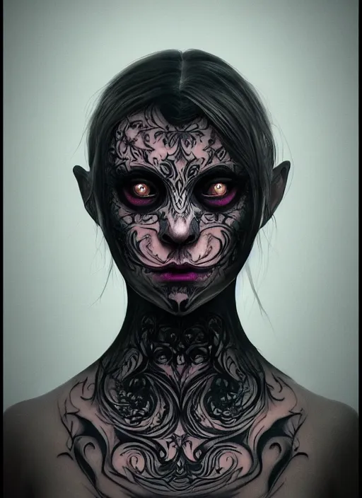 Prompt: full face tattoo mask epic portrait, victorian gothic glowing eyes, elden ring, matte painting concept art, midjourney, beautifully backlit, swirly vibrant color lines, mandelbulber fractal, cinematic aesthetic octane render, 8 k hd resolution, by ilya kuvshinov, artgerm, darius zawadzki and zdizslaw beksinski