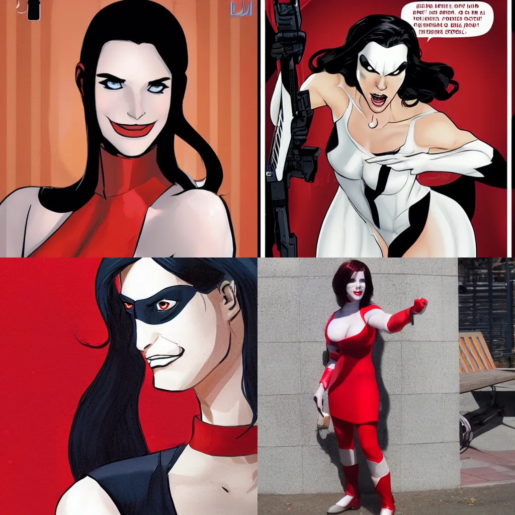 Image similar to in the style of Phil Noto, Pale skin female Domino from marvel comics, wearing a red dress, smile