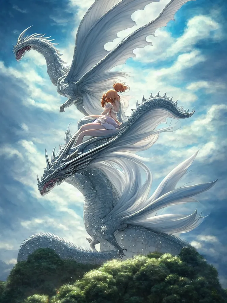 Image similar to the beautiful hyper detailed big scene render that a beautiful princess sitting on the back of a huge silver white dragon alone in fairyland surrounded by white clouds, finely detailed angelic face delicate features, style of studio ghibli, makoto shinkai, raphael lacoste, artgerm, karol bak, kazuki tanahashi, james jean, ross tran, ultra wide angle