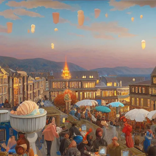 Prompt: an ice cream city, painted by rene magritte and donato giancola and greg rutkowski, digital painting, 4 k