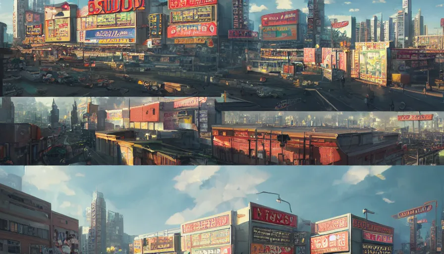 Image similar to A highly detailed matte painting of Buildings with Billboards and neonsigns by Studio Ghibli, Makoto Shinkai, by Artgerm, by WLOP, by Greg Rutkowski, volumetric lighting, octane render, 4K resolution, trending on artstation, masterpiece