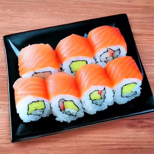 Image similar to a pile of sushi in the shape of a cat.