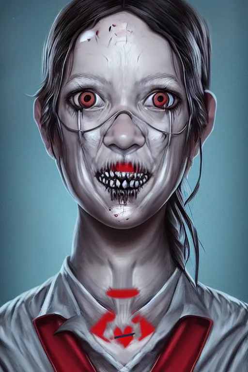 Image similar to cartoon portrait of a creepy horror nurse girl . intricate abstract. intricate artwork. nightmare fuel. terrifying. by Tooth Wu, wlop, dan mumford , trending on artstation, greg rutkowski very coherent symmetrical artwork. cinematic, hyper realism, high detail, octane render, 8k