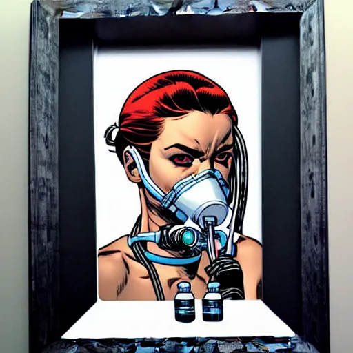 Prompt: portrait of a female diver with a oxygen mask intricate details mask by MARVEL comics and Sandra Chevrier