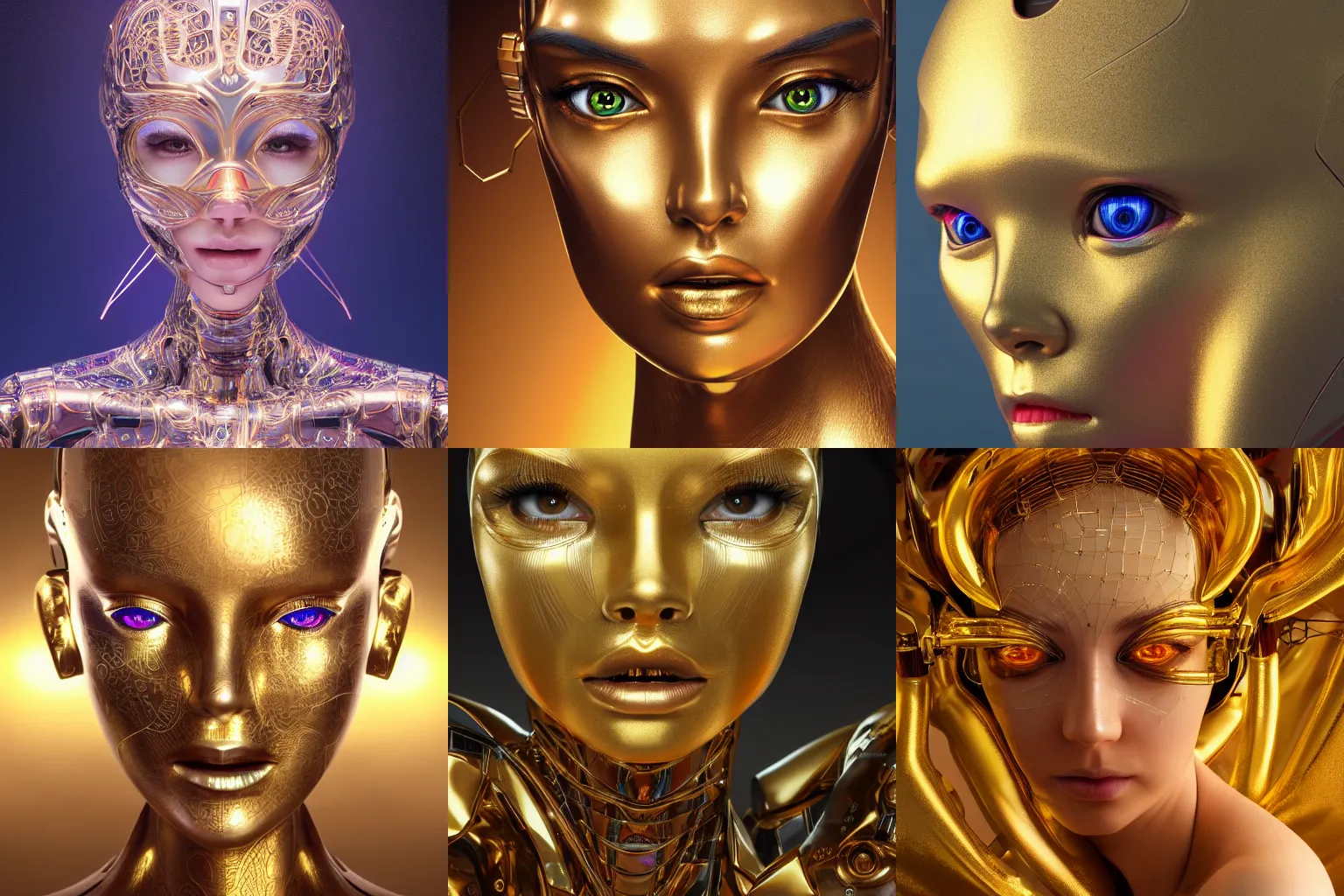 Prompt: a golden enchanted robot, artificial intelligence, hightly detailed, ditigal painting, smooth, sharp, beautiful face, expressive eyes, 4k, octane render, award winning art by alex gray and hajime sorayama