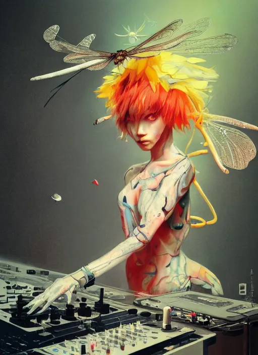 Image similar to surreal gouache painting, by yoshitaka amano, by ruan jia, by conrad roset, by good smile company, detailed anime 3d render of a dragonfly on a DJ mixer, portrait, cgsociety, artstation, rococo mechanical and eletronic, dieselpunk atmosphere