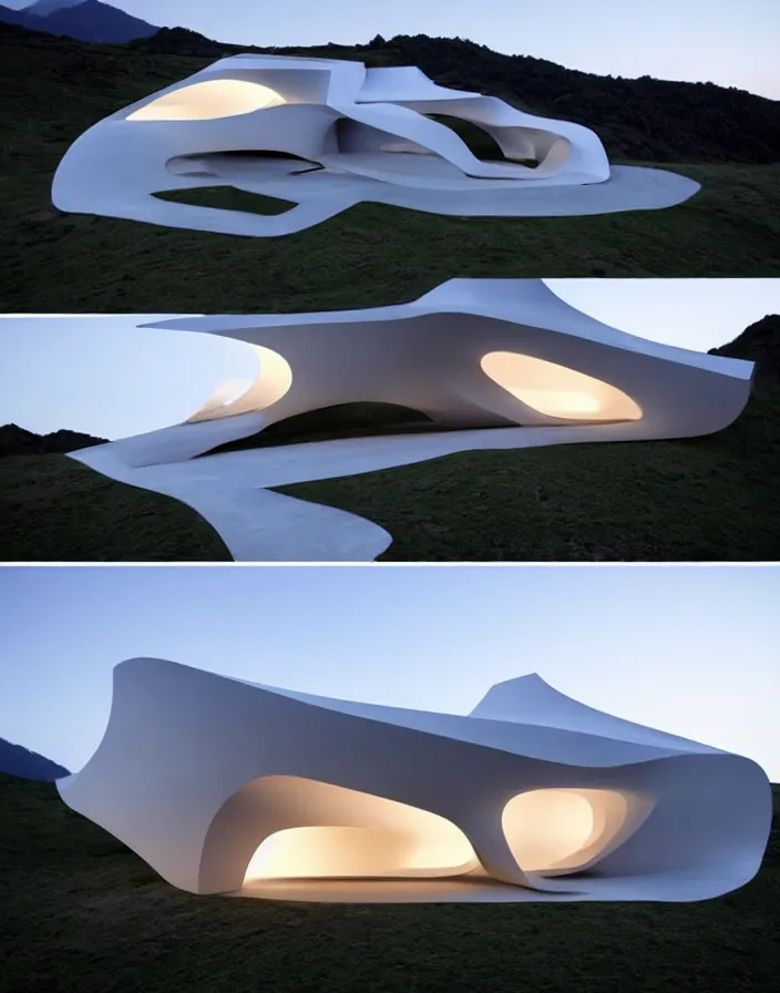 Image similar to zaha hadid 3 d construction printed house on the mountain, soft light, streetscapes stunning volumetric lighting sunset