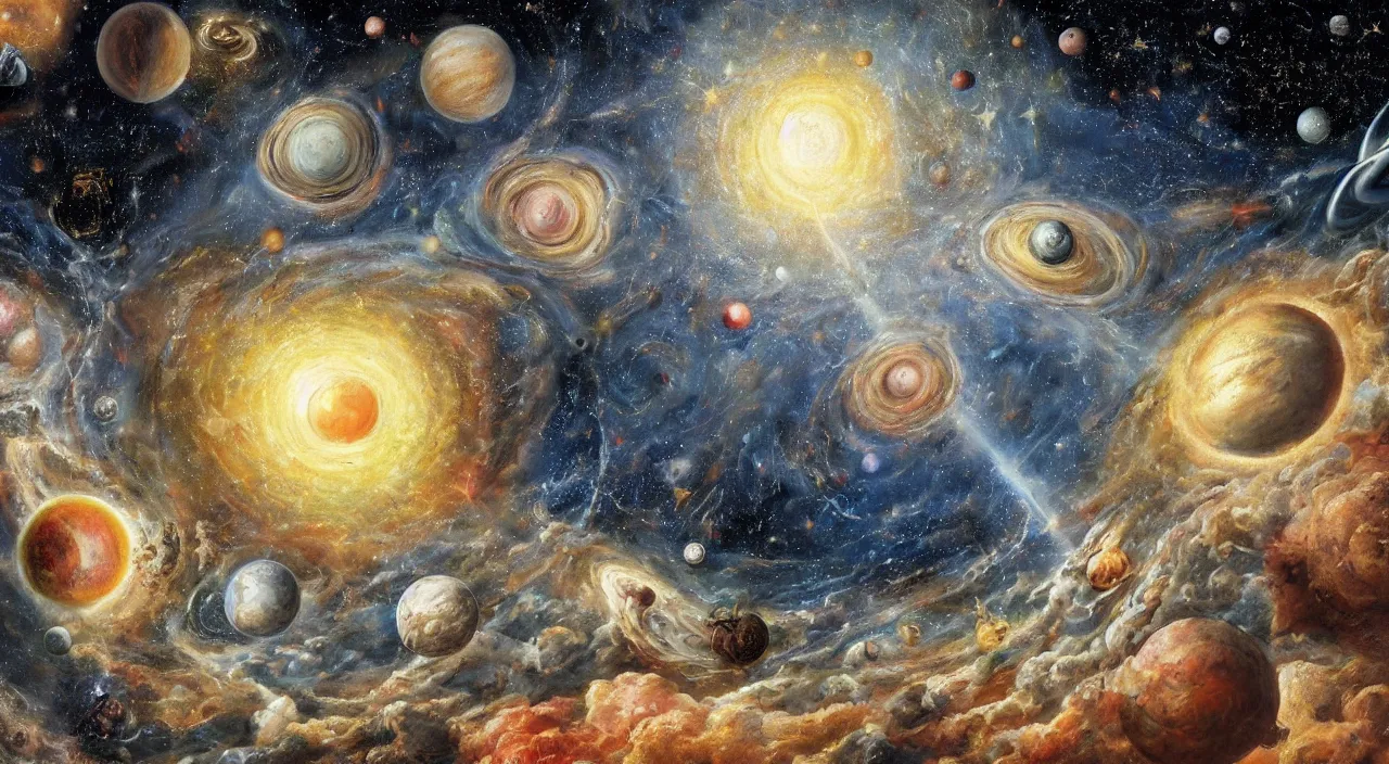 Image similar to Michal Angelo painting of the universe dying, with god putting away planets and stars. 8k resolution, mural.