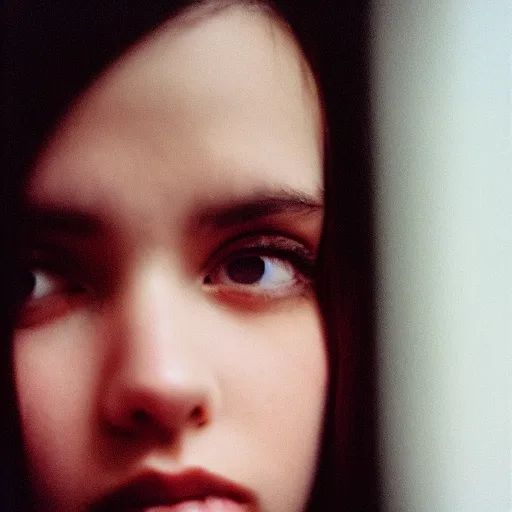 Prompt: Close up of a young woman’s face looking in the distance, captured in low light, sharp focus, detailed, cinestill 800t