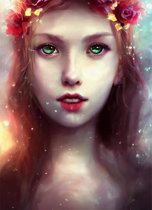 Image similar to a gorgeous flower princess portrait by WLOP, big emerald eyes, red hair, digital painting, beautiful lighting, mystical, detailed flowers, cgsociety