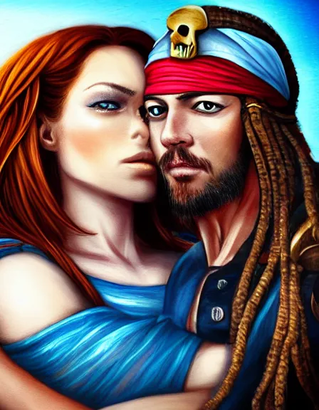 Prompt: couple in love. fully clothed armed female pirate captain, rachel wall, with a male pirate partner, sun, summer, blue eyes, beauty, wisdom, love, strength, knowledge, smart, portrait, symmetrical, highly detailed, digital painting, artstation, smooth, sharp focus, illustration, strength, latino art. 8 k