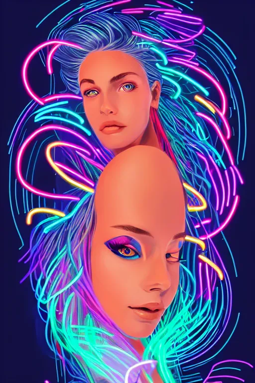 Image similar to a award winning portrait of a beautiful woman with stunning eyes in a one off shoulder croptop and cargo pants with rainbow colored hair, outlined by whirling illuminated neon lines and fine lines swirling in circles by rhads, digital art, trending on artstation