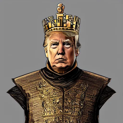 Prompt: donald trump as a medieval king before his gold castle, game of thrones style, digital art, golden hour, amazing, high quality, trending on artstation