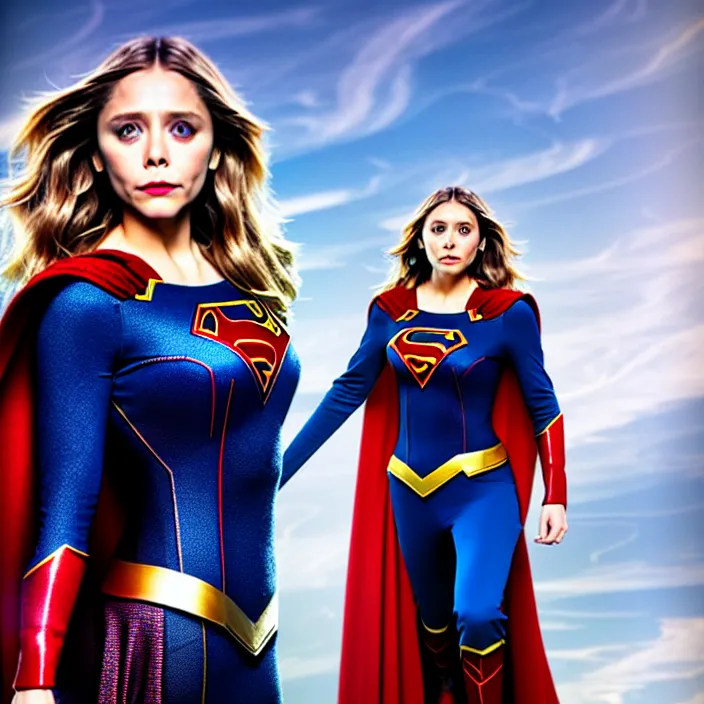 Image similar to professional full length photograph of elizabeth olsen as supergirl. Extremely detailed. 8k