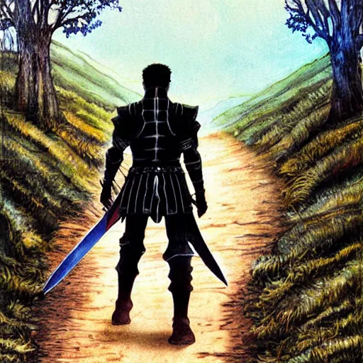 Prompt: a beautiful detailed painting of guts the black swordsman wielding his giant great sword while walking down an old dirt road by moebius, colored manga art