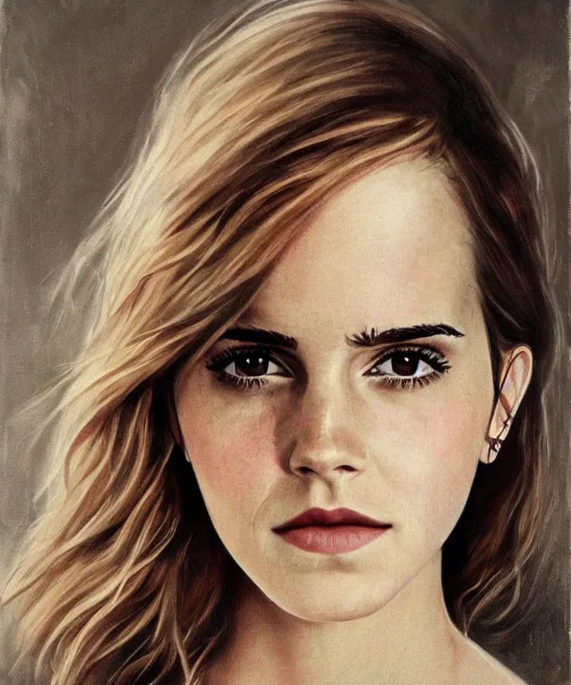 Prompt: epic soft portrait of Emma Watson, painting by Hughes Edward Robert