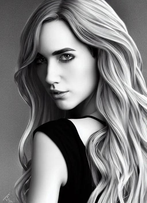 Image similar to full body portrait of a beautiful woman in black and white, photorealistic, hair down to waist, in the style of Kevin Kostic, art by diego fazio and diegoKoi and artgerm, hyper sharp focus, 8k highly detailed