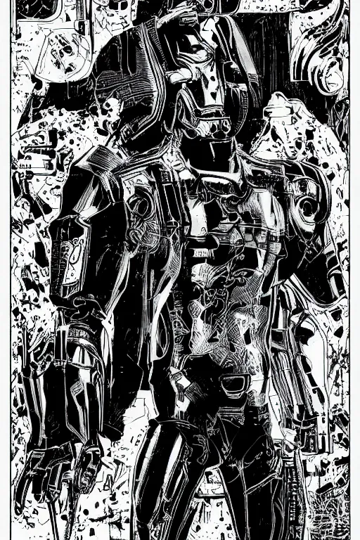 Image similar to ultron, a page from cyberpunk 2 0 2 0, style of paolo parente, style of mike jackson, 1 9 9 0 s comic book style, white background, ink drawing, black and white