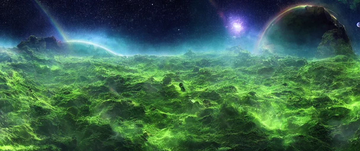 Prompt: a lush green crumbling island floating in space, debris, center of image, planets, stars, rainbows, nebula, asteroids, studio ghibli style, detailed, depth of field