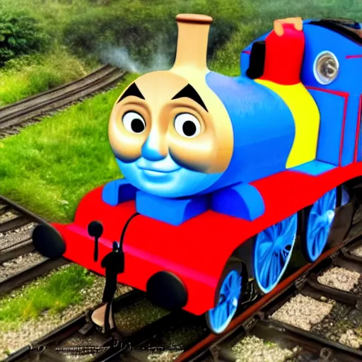 Prompt: thomas the tank engine train on a rainbow