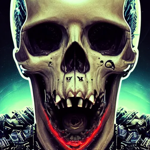 Image similar to portrait of a space pirate skull. intricate abstract. intricate artwork. nightmare fuel. terrifying. by Tooth Wu, wlop, beeple, dan mumford. octane render, trending on artstation, greg rutkowski very coherent symmetrical artwork. cinematic, hyper realism, high detail, octane render, 8k, iridescent accents, black and white