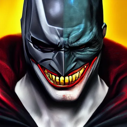 Image similar to a face of half batman half joker, digital painting, amazing detail, artstation, cgsociety