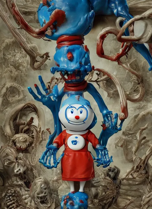 Image similar to Doraemon with translucent skin, visible muscles and veins and arteries and bones and spines and nerves, beautiful detailed intricate insanely detailed octane render, 8k artistic photography, photorealistic, chiaroscuro, by David Cronenberg, Raphael, Caravaggio
