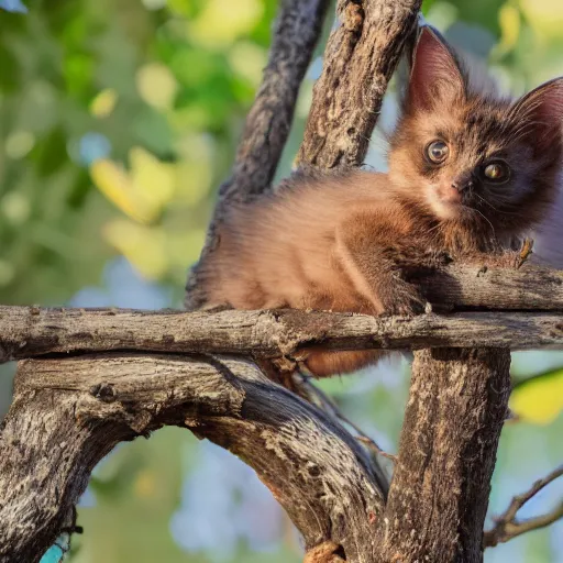 Image similar to a bat kitten, in a tree, Canon EOS R3, telephoto, very detailed, 4k