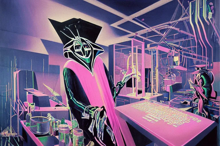 Image similar to a highly detailed beautiful masterpiece painting of a technomancer wizard in dazzle camouflage robes with pointed hood tampering with the world engine in his laboratory near a computer by Remedios Varo and Anato Finnstark and Greg Rutkowski and Andy Warhol, dayglo pink, dayglo blue, prismatic, pearlescent white, raven black, hyperrealism, 8k, trending on ArtStation, rendered in Octane, rendered in Unreal engine, award winning, volumetric lighting