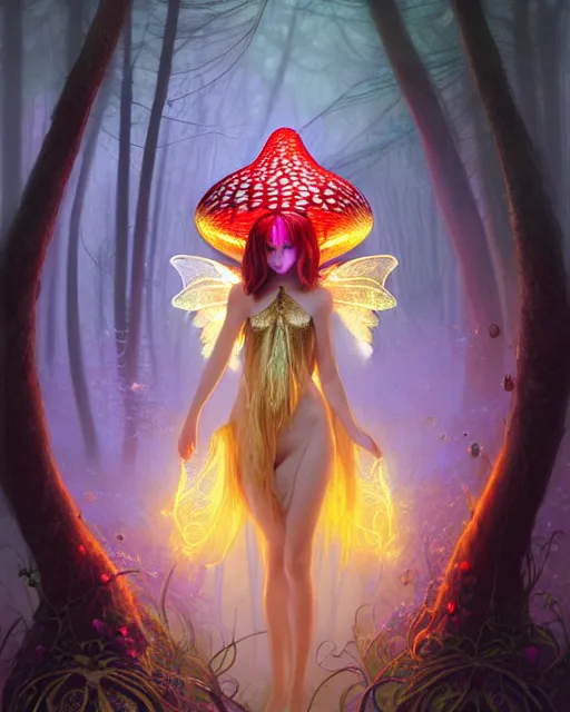 Image similar to stunningly beautiful female faerie priestess in amanita muscaria forest landscape, symmetrical wings on back, neon hair, fantasy art, wearing a dress of gossamer gold, dark light night, sharp focus, digital painting, 4 k, concept art, art by wlop, greg rutkowski and alphonse mucha, brom, face by otto schmidt