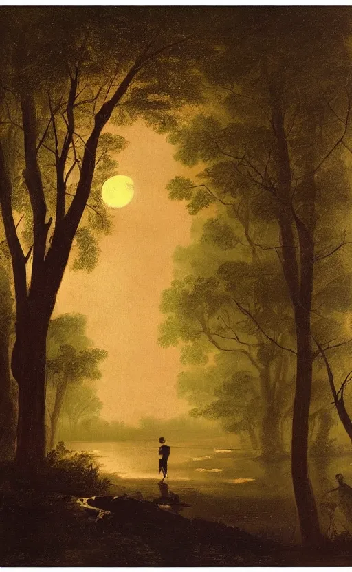 Prompt: classical painting of a man standing in the forest by a creek at night, silhouetted by the moon, moonlight night, beautiful lighting