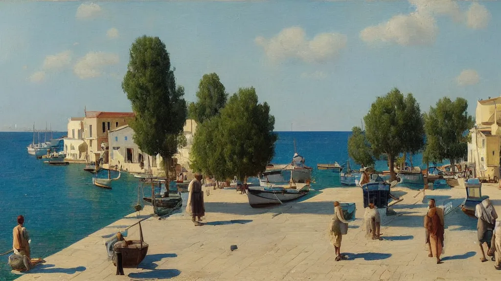 Image similar to a beautiful extremely complex painting of a mediterranean fishing village in summer by peter ilsted, whitewashed housed, tall cypress trees, blue shutters on windows, people walking down a street, fishing boats in the water, beautiful blue water, national gallery of art highlights