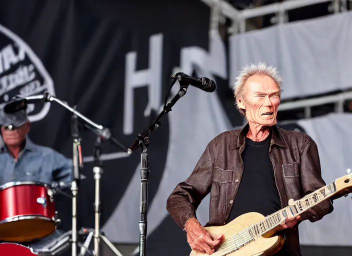 Prompt: photo still of clint eastwood on stage at vans warped tour!!!!!!!! at age 6 8 years old 6 8 years of age!!!!!!!! in a gran torino, 8 k, 8 5 mm f 1. 8, studio lighting, rim light, right side key light