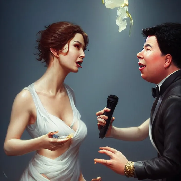 Image similar to michael mcintyre flirting with a singing waitress, elegant, real life skin, intricate artwork, high detailed, artstation, concept art, smooth, sharp focus, art by artgerm and greg rutkowski