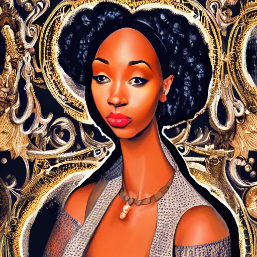 Image similar to hyperdetailed maximalist elaborate half - lenght portrait of a futuristic a beautiful black girl, wearing long clothing. rococo architecture, in the style of modigliani and mixed media collage. matte background hd 8 x