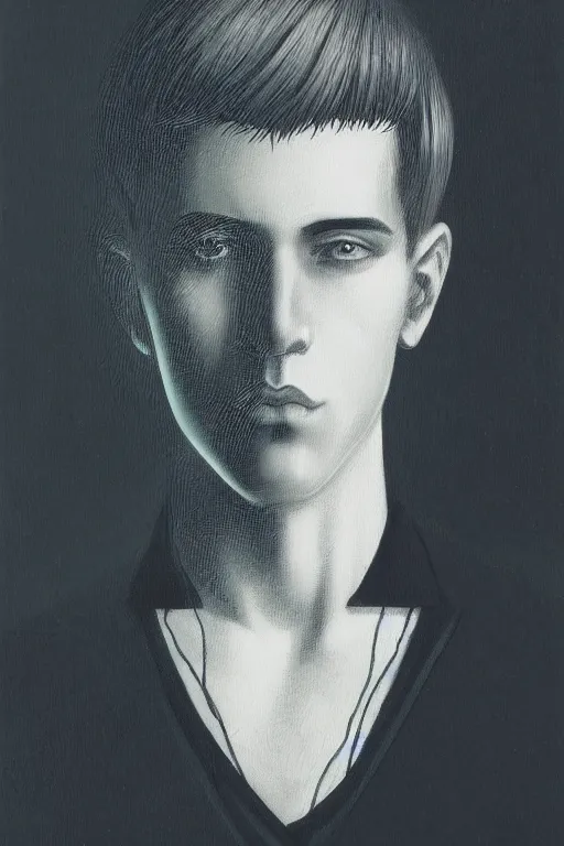 Image similar to portrait of beautiful young gothic man with read hair, cyberpunk, the middle ages, highly detailed, artstation, illustration, art by rene magritte