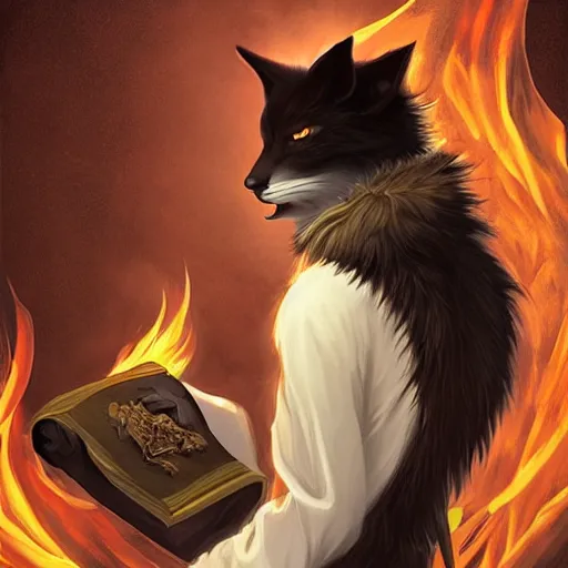 Prompt: male kitsune furry with dark fur, carries a tome, surrounded by floating fire orbs, shortsword, charismatic, young, dark clothing, elegant, digital illustration, detailed, intricate, sharp focus, digital painting, deep focus, digital painting, artstation, concept art, matte, art by artgerm and greg rutkowski and alphonse mucha