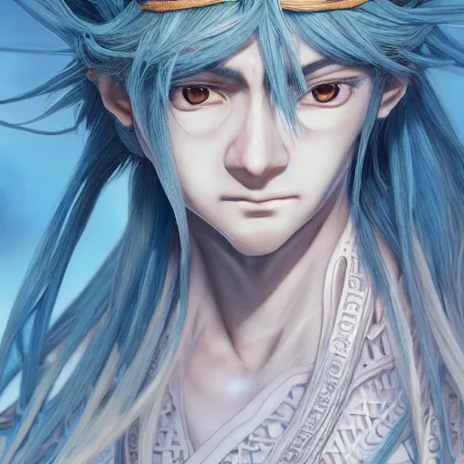 Prompt: an immortal xianxia cultivator with long blue hair as an absurdly handsome, elegant, young anime man, ultrafine hyperrealistic detailed face illustration by kim jung gi, irakli nadar, intricate linework, sharp focus, bright colors, matte, gujian, final fantasy, unreal engine highly rendered, global illumination, radiant light, intricate environment