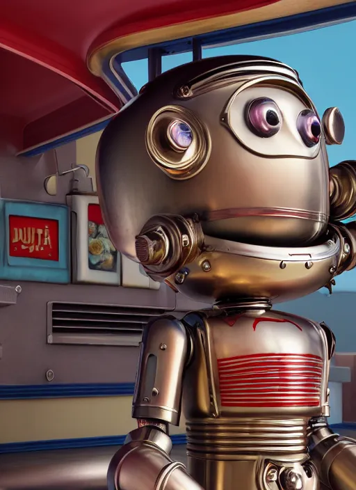 Image similar to highly detailed closeup, profile portrait of a tin toy 1 9 5 0 s robot diner, bikini, unreal engine, nicoletta ceccoli, mark ryden, earl norem, lostfish, global illumination, detailed and intricate environment