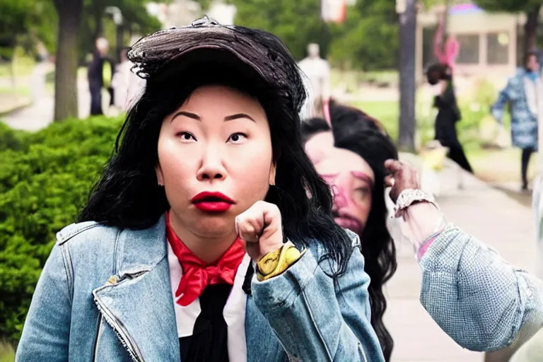Image similar to awkwafina as an exaggerated caricature of a black woman in the new movie directed by jason friedberg and aaron seltzer, movie still frame, promotional image, critically condemned, top 6 worst movie ever imdb list, symmetrical shot, idiosyncratic, relentlessly detailed, limited colour palette