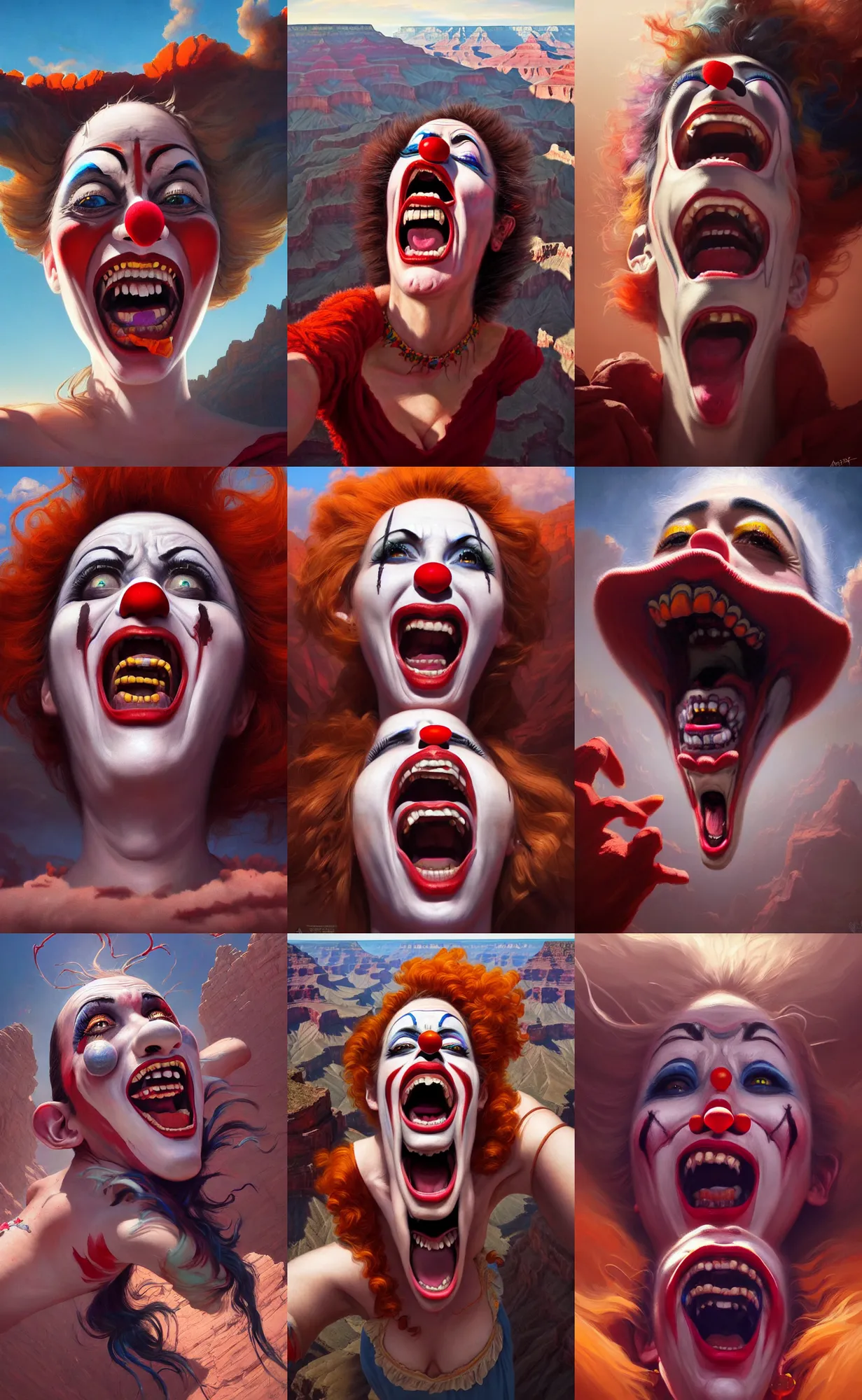 Prompt: high angle selfie of a screaming clown woman taken at the rim of the grand canyon, digital painting, intricately detailed, highly detailed, artwork by greg rutkowski, artwork by ross tran, artwork by randy vargas, artwork by artgerm, artwork by alex garner, trending on artstation