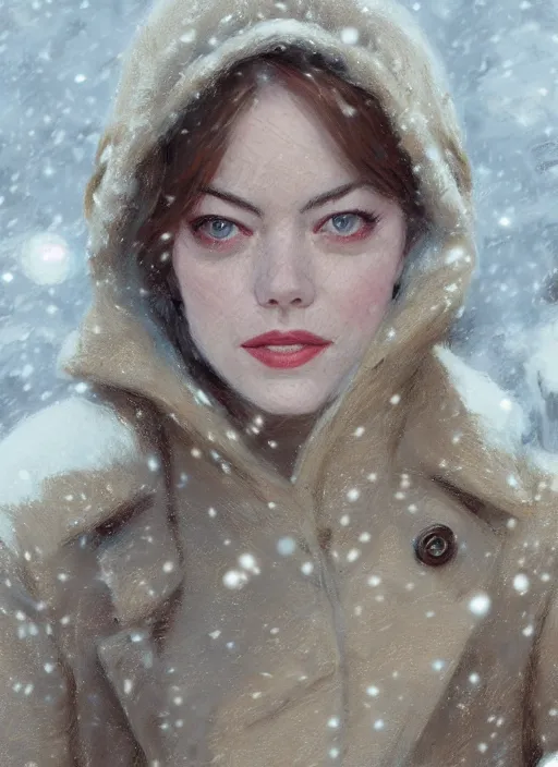 Image similar to emma stone in beige coat, close up, winter new york, snow, artwork by gaston bussiere, craig mullins, trending on artstation