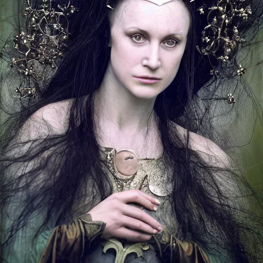 Image similar to a realistic portrait closeup 5 0 mm studio photograph by annie leibowitz of morgan le fay, a powerful and ambiguous enchantress of legend.