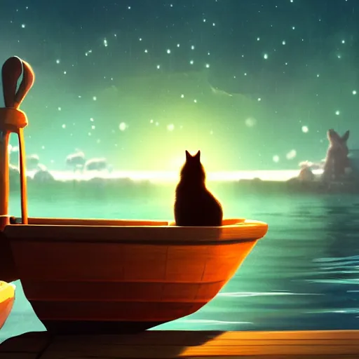 Image similar to a wholesome animation key shot of a cat on a boat close to the shore in the night, medium shot, studio ghibli, pixar and disney animation, sharp, rendered in unreal engine 5, anime key art by greg rutkowski, bloom, dramatic lighting